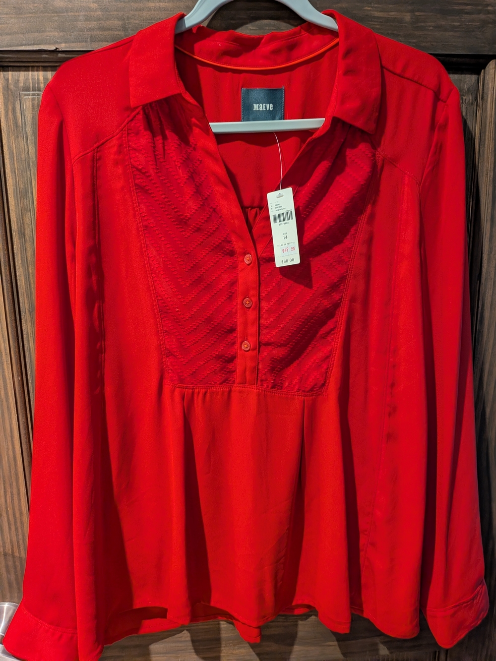 Maeve Vibrant Red Long-Sleeve Button Bib Blouse Dress